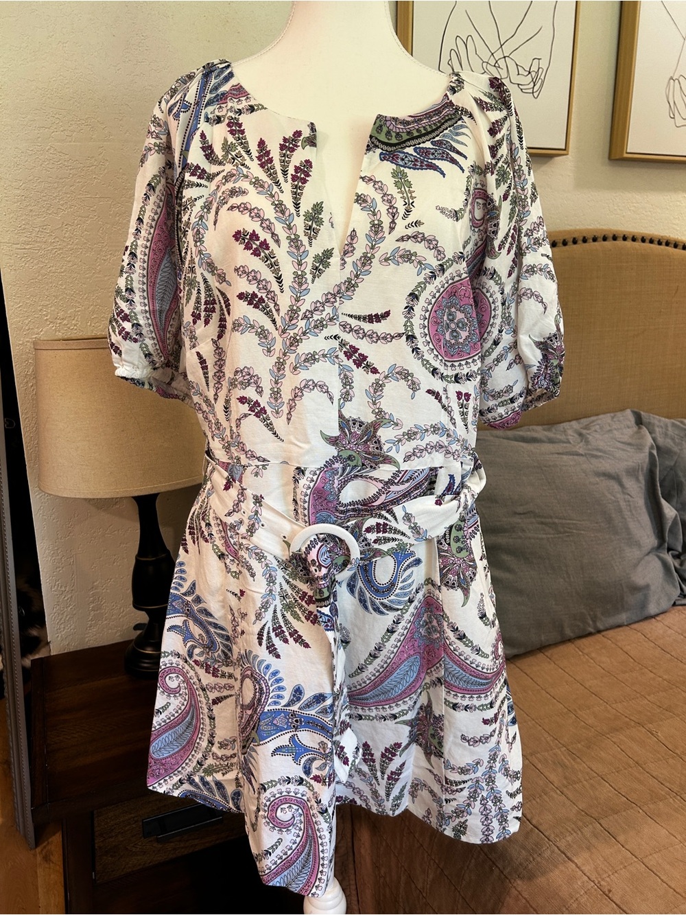 LOFT Paisley Print Short Dress in White, Pink & Blue